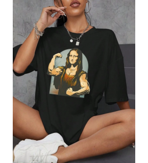 Kadın Baskılı T-Shirt Kısa Kol Bisiklet Yaka Oversize Rahat Kalıp Tişört - Siyah