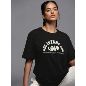 Kadın Baskılı T-Shirt Kısa Kol Bisiklet Yaka Oversize Rahat Kalıp Tişört - Siyah