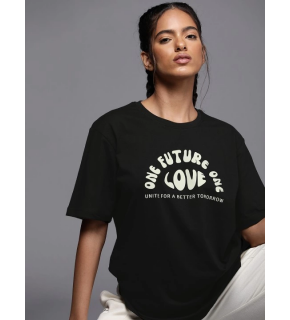 Kadın Baskılı T-Shirt Kısa Kol Bisiklet Yaka Oversize Rahat Kalıp Tişört - Siyah