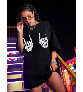 Kadın Baskılı T-Shirt Kısa Kol Bisiklet Yaka Oversize Rahat Kalıp Tişört - Siyah