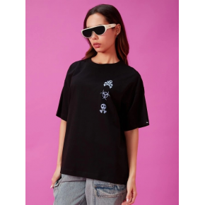 Kadın Kısa Kol Yazlık Tişört Bisiklet Yaka Baskılı Oversize T-Shirt - Siyah