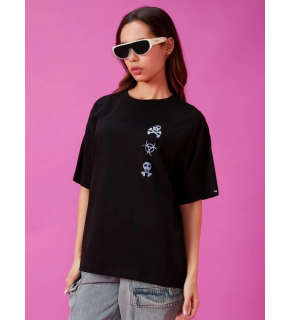 Kadın Kısa Kol Yazlık Tişört Bisiklet Yaka Baskılı Oversize T-Shirt - Siyah