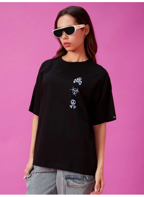 Kadın Kısa Kol Yazlık Tişört Bisiklet Yaka Baskılı Oversize T-Shirt - Siyah Kadın Kısa Kol Yazlık Tişört Bisiklet Yaka Baskılı Oversize T-Shirt - Siyah