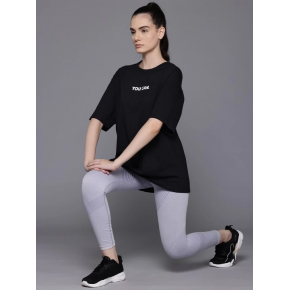 Kadın Baskılı T-Shirt Kısa Kol Bisiklet Yaka Oversize Rahat Kalıp Tişört - Siyah