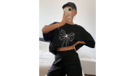 Kadın Fiyonk Baskılı T-Shirt Kısa Kol Bisiklet Yaka Oversize Tişört - Siyah Kadın Fiyonk Baskılı T-Shirt Kısa Kol Bisiklet Yaka Oversize Tişört - Siyah