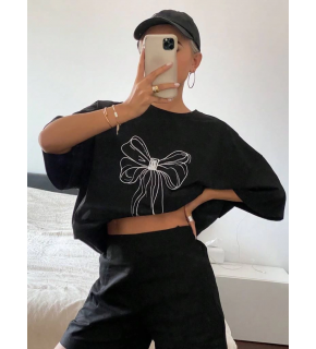 Kadın Fiyonk Baskılı T-Shirt Kısa Kol Bisiklet Yaka Oversize Tişört - Siyah