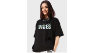 Kadın Kısa Kol Yazlık Tişört Bisiklet Yaka VIBES Baskılı T-Shirt - Siyah Kadın Kısa Kol Yazlık Tişört Bisiklet Yaka VIBES Baskılı T-Shirt - Siyah