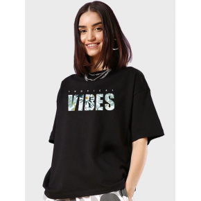 Kadın Kısa Kol Yazlık Tişört Bisiklet Yaka VIBES Baskılı T-Shirt - Siyah