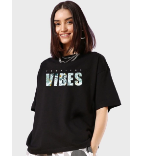 Kadın Kısa Kol Yazlık Tişört Bisiklet Yaka VIBES Baskılı T-Shirt - Siyah