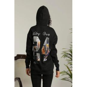 Kadın Oversize Kapüşonlu Cepli Baskılı 3 İplik Pamuklu Hoodie Sweatshirt - Siyah