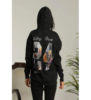 Kadın Oversize Kapüşonlu Cepli Baskılı 3 İplik Pamuklu Hoodie Sweatshirt - Siyah