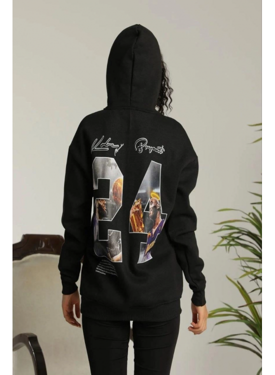 Kadın Oversize Kapüşonlu Cepli Baskılı 3 İplik Pamuklu Hoodie Sweatshirt - Siyah