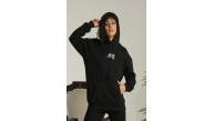 Kadın Oversize Kapüşonlu Cepli Baskılı 3 İplik Pamuklu Hoodie Sweatshirt - Siyah