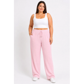 Kadın Battal Beden Bürümcük Kumaş Beli Lastikli Bağcıklı Bol Paça Palazzo Pantolon - Pembe