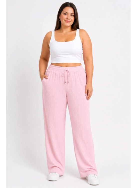 Kadın Battal Beden Bürümcük Kumaş Beli Lastikli Bağcıklı Bol Paça Palazzo Pantolon - Pembe Kadın Battal Beden Bürümcük Kumaş Beli Lastikli Bağcıklı Bol Paça Palazzo Pantolon - Pembe
