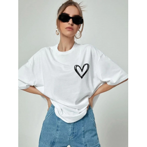Kadın Tişört Bisiklet Yaka Baskılı Oversize T-Shirt - Beyaz