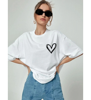 Kadın Tişört Bisiklet Yaka Baskılı Oversize T-Shirt - Beyaz