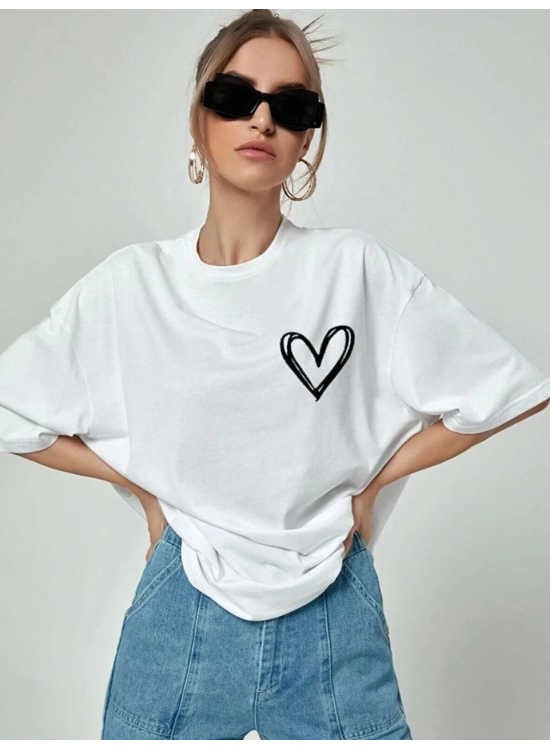 Kadın Tişört Bisiklet Yaka Baskılı Oversize T-Shirt - Beyaz Kadın Tişört Bisiklet Yaka Baskılı Oversize T-Shirt - Beyaz