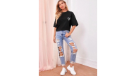Kadın Tişört Bisiklet Yaka Baskılı Oversize T-Shirt - Siyah Kadın Tişört Bisiklet Yaka Baskılı Oversize T-Shirt - Siyah