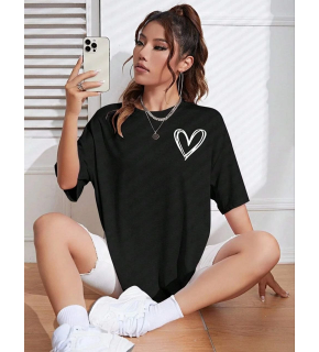 Kadın Tişört Bisiklet Yaka Baskılı Oversize T-Shirt - Siyah