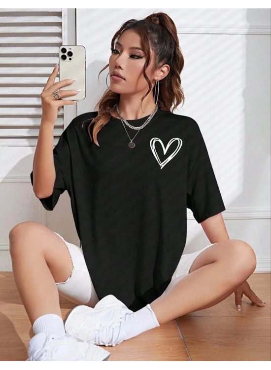 Kadın Tişört Bisiklet Yaka Baskılı Oversize T-Shirt - Siyah Kadın Tişört Bisiklet Yaka Baskılı Oversize T-Shirt - Siyah