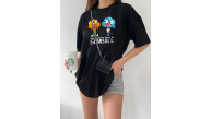 Kadın Kısa kol Tişört Bisiklet Yaka Baskılı Oversize T-Shirt - Siyah Kadın Kısa kol Tişört Bisiklet Yaka Baskılı Oversize T-Shirt - Siyah