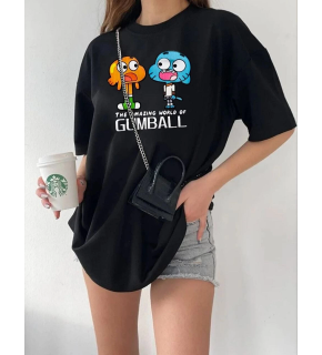 Kadın Kısa kol Tişört Bisiklet Yaka Baskılı Oversize T-Shirt - Siyah