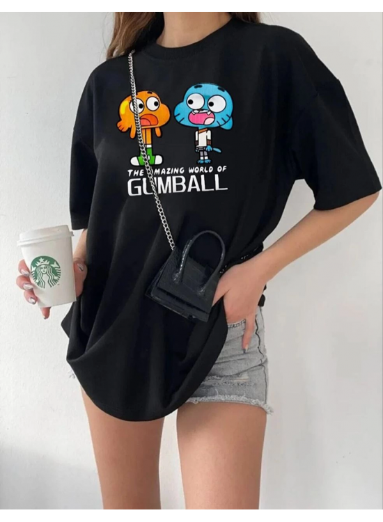 Kadın Kısa kol Tişört Bisiklet Yaka Baskılı Oversize T-Shirt - Siyah Kadın Kısa kol Tişört Bisiklet Yaka Baskılı Oversize T-Shirt - Siyah