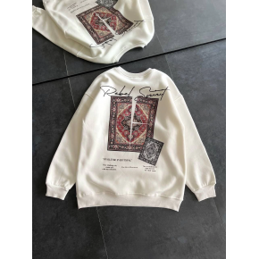 Kadın Bisiklet Yaka Kilim Halı Baskılı 3 İplik Pamuklu Sweatshirt - Beyaz