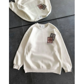 Kadın Bisiklet Yaka Kilim Halı Baskılı 3 İplik Pamuklu Sweatshirt - Beyaz