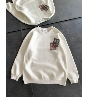 Kadın Bisiklet Yaka Kilim Halı Baskılı 3 İplik Pamuklu Sweatshirt - Beyaz
