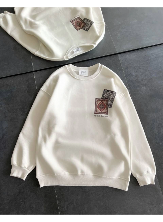 Kadın Bisiklet Yaka Kilim Halı Baskılı 3 İplik Pamuklu Sweatshirt - Beyaz Kadın Bisiklet Yaka Kilim Halı Baskılı 3 İplik Pamuklu Sweatshirt - Beyaz