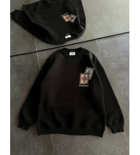 Kadın Bisiklet Yaka Kilim Halı Baskılı 3 İplik Pamuklu Sweatshirt - Siyah