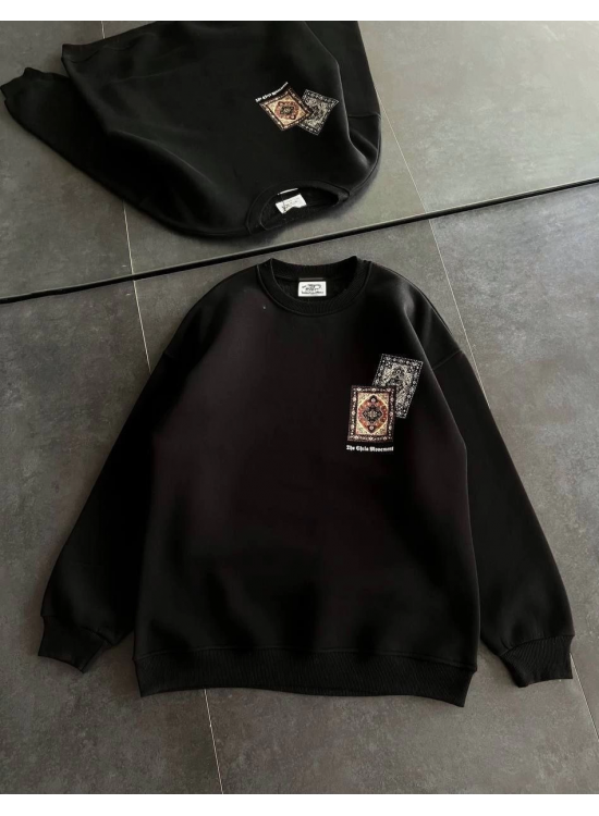 Kadın Bisiklet Yaka Kilim Halı Baskılı 3 İplik Pamuklu Sweatshirt - Siyah Kadın Bisiklet Yaka Kilim Halı Baskılı 3 İplik Pamuklu Sweatshirt - Siyah