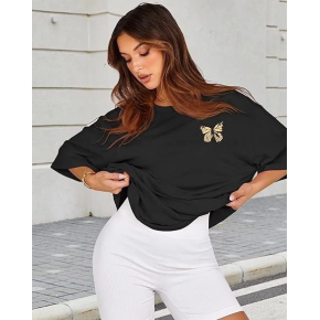 Kadın Baskılı T-Shirt Kısa Kol Bisiklet Yaka Oversize Rahat Kalıp Tişört - Siyah