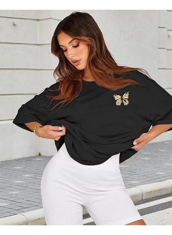Kadın Baskılı T-Shirt Kısa Kol Bisiklet Yaka Oversize Rahat Kalıp Tişört - Siyah Kadın Baskılı T-Shirt Kısa Kol Bisiklet Yaka Oversize Rahat Kalıp Tişört - Siyah