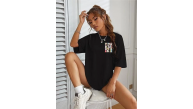 Kadın Baskılı T-Shirt Kısa Kol Bisiklet Yaka Oversize Rahat Kalıp Tişört - Siyah Kadın Baskılı T-Shirt Kısa Kol Bisiklet Yaka Oversize Rahat Kalıp Tişört - Siyah
