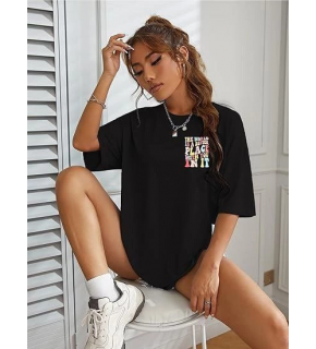 Kadın Baskılı T-Shirt Kısa Kol Bisiklet Yaka Oversize Rahat Kalıp Tişört - Siyah