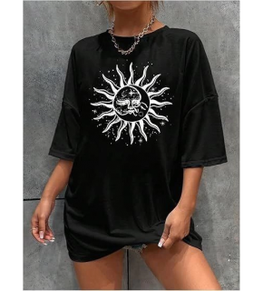 Kadın Baskılı T-Shirt Kısa Kol Bisiklet Yaka Regular Fit Rahat Kalıp Tişört - Siyah