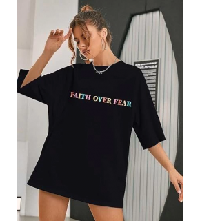 Kadın Baskılı T-Shirt Kısa Kol Bisiklet Yaka Oversize Rahat Kalıp Tişört - Siyah