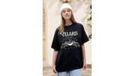 Kadın Baskılı T-Shirt Kısa Kol Bisiklet Yaka Oversize Rahat Kalıp Tişört - Siyah Kadın Baskılı T-Shirt Kısa Kol Bisiklet Yaka Oversize Rahat Kalıp Tişört - Siyah