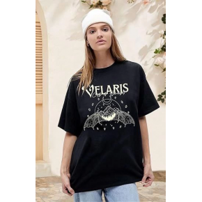 Kadın Baskılı T-Shirt Kısa Kol Bisiklet Yaka Oversize Rahat Kalıp Tişört - Siyah