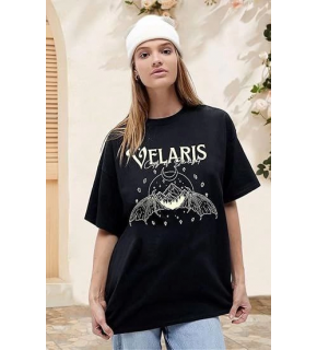 Kadın Baskılı T-Shirt Kısa Kol Bisiklet Yaka Oversize Rahat Kalıp Tişört - Siyah