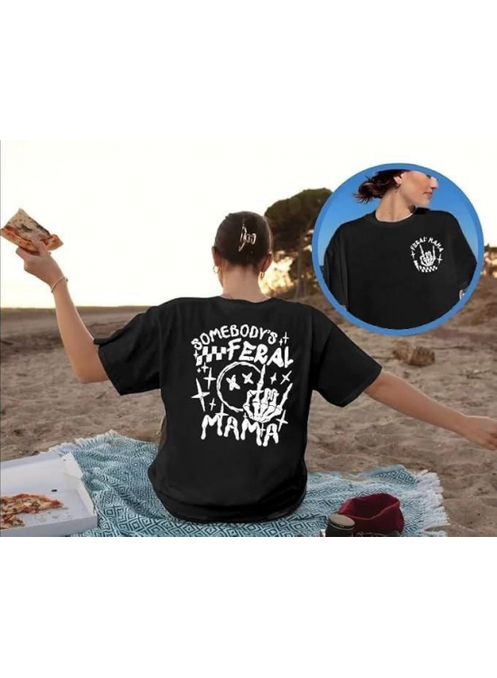 Kadın Baskılı T-Shirt Kısa Kol Bisiklet Yaka Oversize Rahat Kalıp Tişört - Siyah Kadın Baskılı T-Shirt Kısa Kol Bisiklet Yaka Oversize Rahat Kalıp Tişört - Siyah