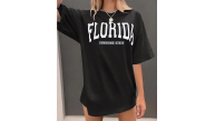Kadın Kısa Kol Yazlık Tişört Bisiklet Yaka FLORIDA Baskılı T-Shirt - Siyah