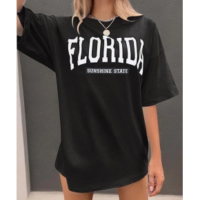 Kadın Kısa Kol Yazlık Tişört Bisiklet Yaka FLORIDA Baskılı T-Shirt - Siyah