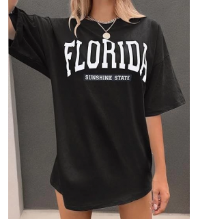 Kadın Kısa Kol Yazlık Tişört Bisiklet Yaka FLORIDA Baskılı T-Shirt - Siyah