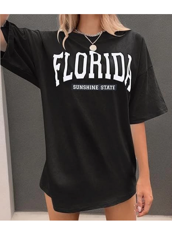 Kadın Kısa Kol Yazlık Tişört Bisiklet Yaka FLORIDA Baskılı T-Shirt - Siyah