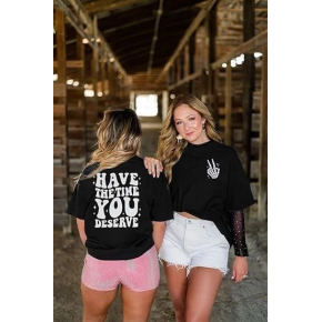 Kadın Baskılı T-Shirt Kısa Kol Bisiklet Yaka Oversize Rahat Kalıp Tişört - Siyah