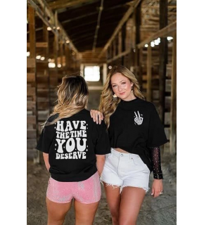 Kadın Baskılı T-Shirt Kısa Kol Bisiklet Yaka Oversize Rahat Kalıp Tişört - Siyah